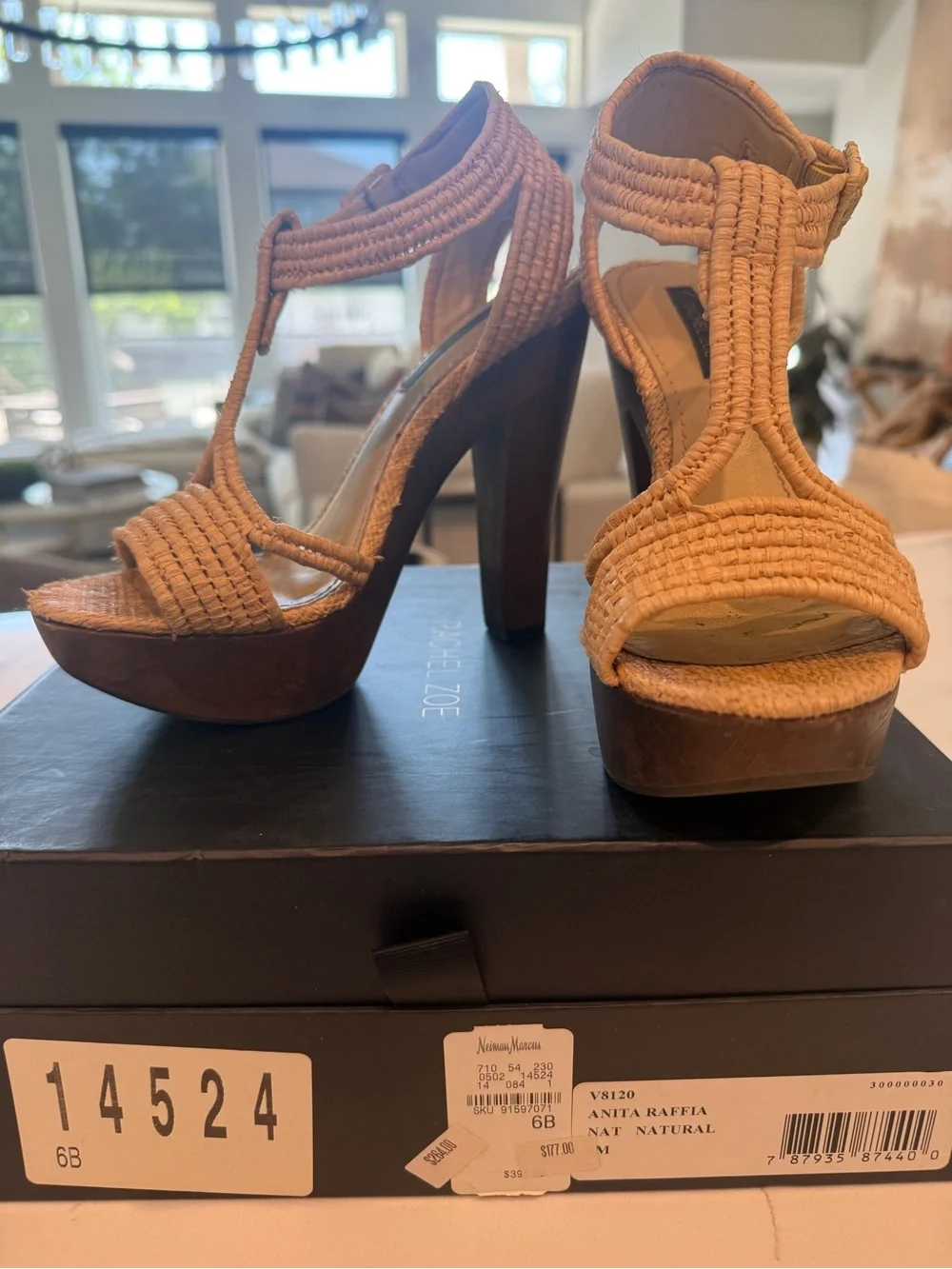 Rachel Zoe Tan Raffia T-Strap Platform Sandals